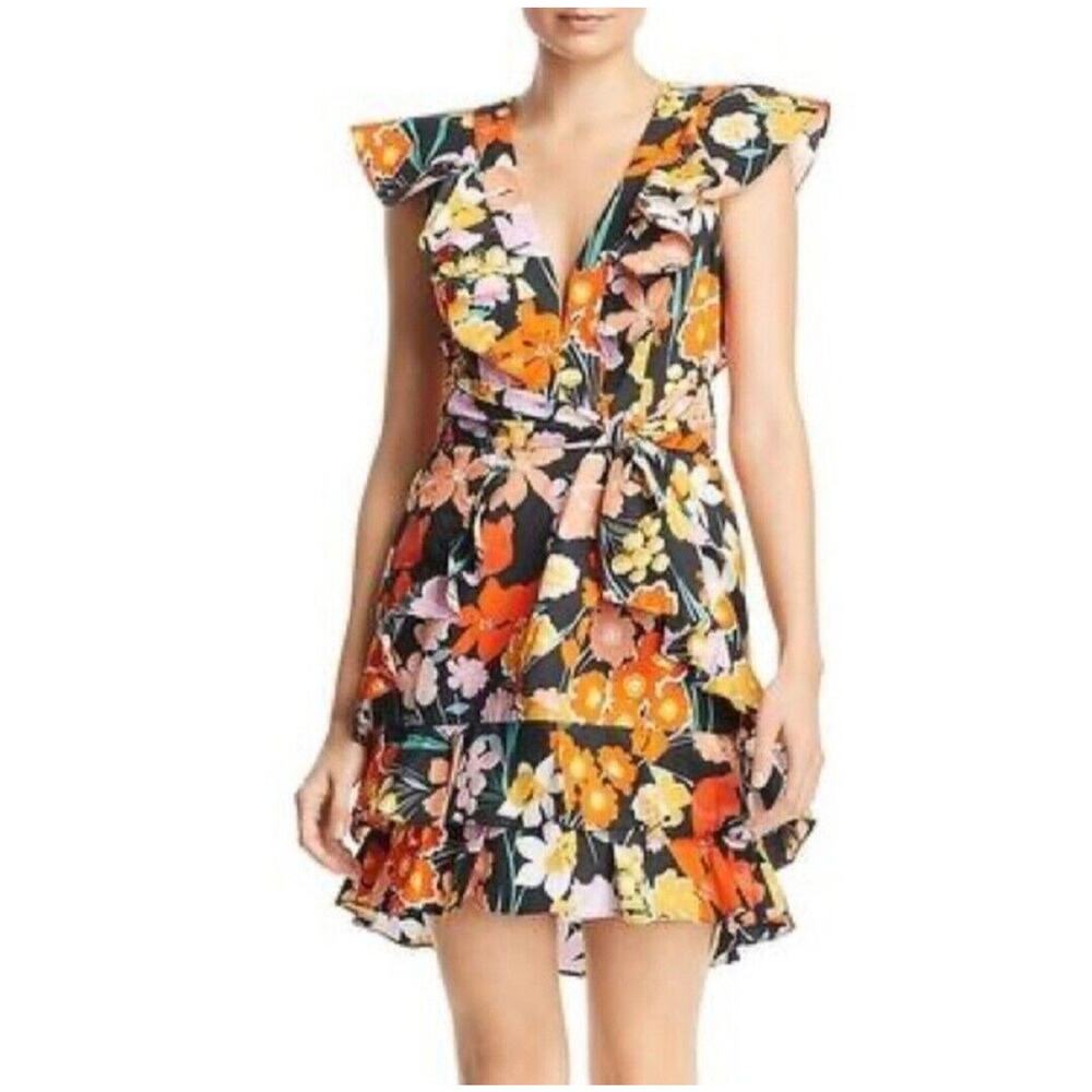 Saylor Mini Dress Womens Small XS Black Orange Floral Tiered‎ Deep V-Neck